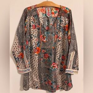 Johnny Was Jolie silk floral tunic blouse with embroidered cuffs